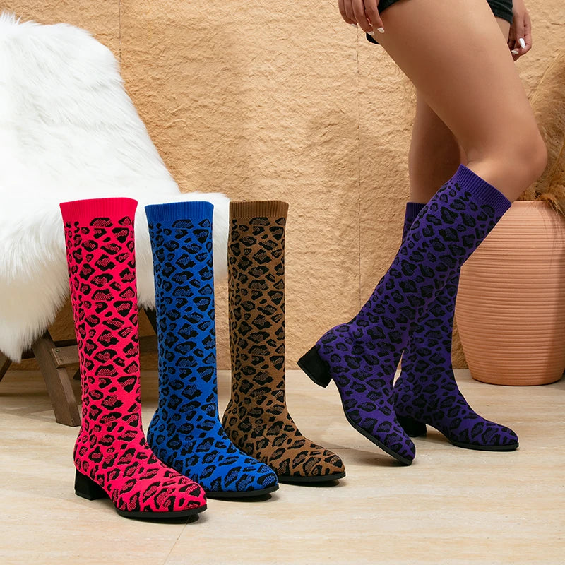 Blue Red Khaki Sexy Leopard Print Women's Boots, Comfortable and Warm Boots Hight Made by the Original Factory