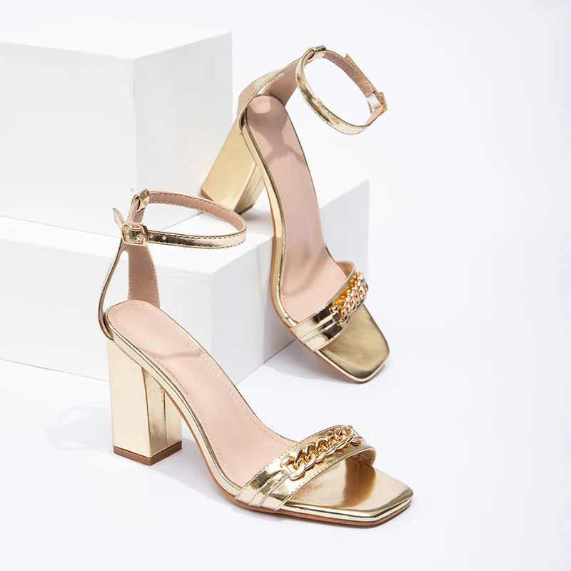 Gold High Heels Women's Sandals Fashion Comfortable Open Toe Square Head Thick Shoes for Women