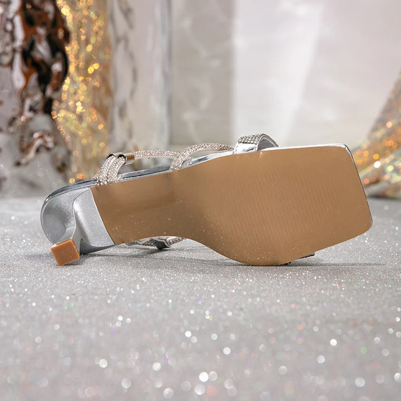 2026 New Arrival Glitter Rhinestone Heels - Square Toe Ankle Strap Dress Sandals for Women