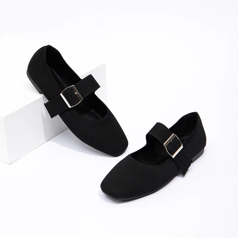 Black Knitted Mom Single Shoe Temperament Versatile Spring and Summer Flat Shoes Soft Soled Casual Women's Shoes