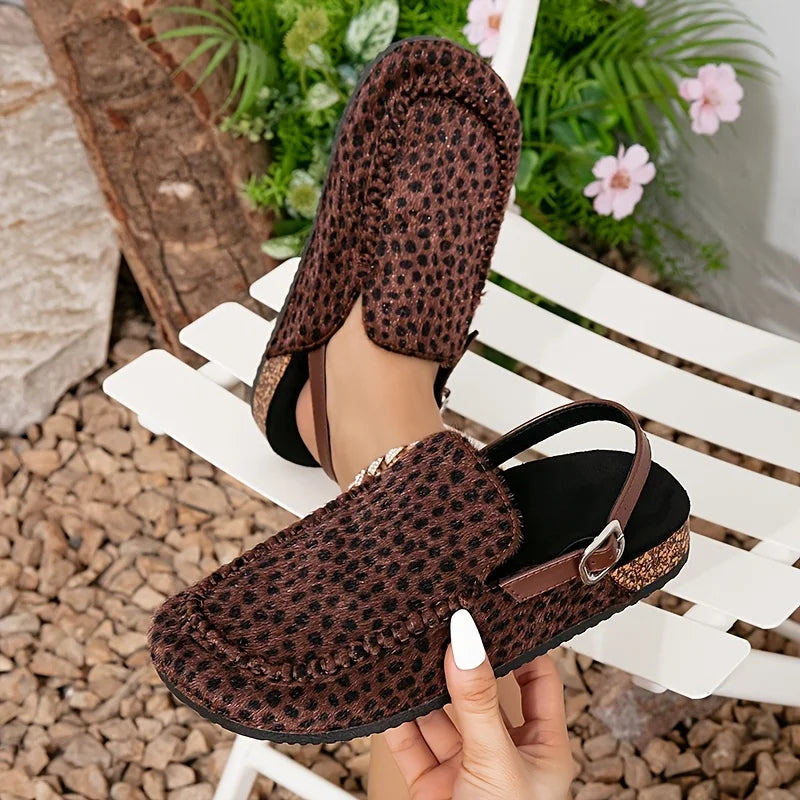 Woman Ladies Girls Leopard Print Fashion Slip-on Canvas Loafers Flat Half Shoe Slipper Sandals
