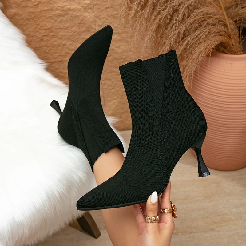 Black Brown Beige Red Khaki Sexy Women's Spring and Autumn Knitted Short Boots Fashionable High-heeled Short Boots