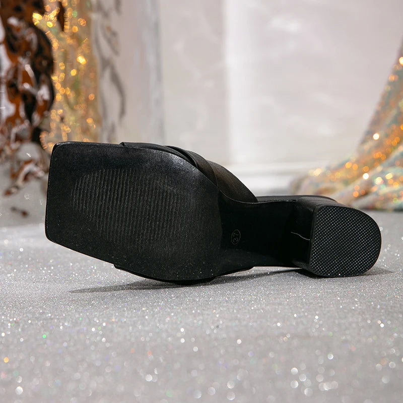 Fashionable Minimalist Black Square Toe Open Toe Block Heel Slides Spring/Summer/Autumn Mule Sandals for All Occasions