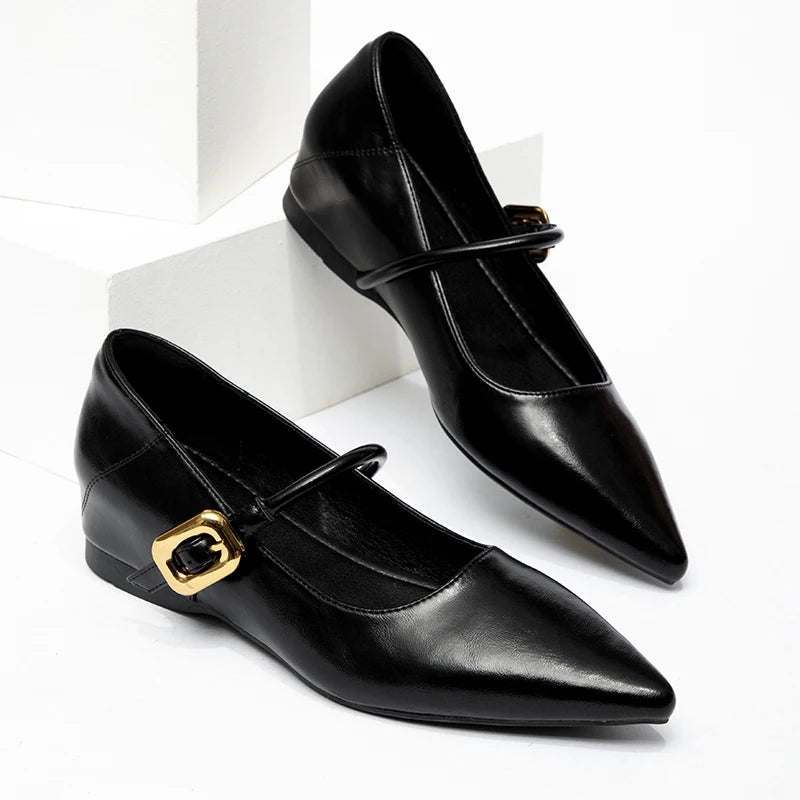 Ladies' Pointed Toe Hidden Wedge Heel Mary Janes, Soft Black PU Leather Work Shoes for All-Day Wear & Elevated Look