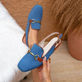 Elegant Women Square Toe Slingback Loafers, Metal Buckle Flat Casual Shoes, Breathable Fabric Daily Wear Sandals