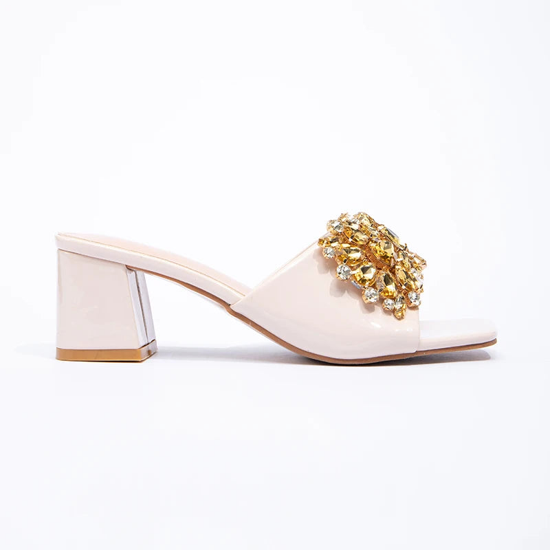 Fashion Trendy Rhinestone Square Toe High-heeled Sandals Spring/Summer Women's Shoes with PU Upper Thick Heel