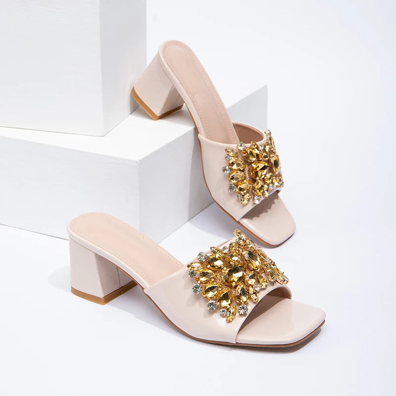 New square Toe Thick Heel Sexy Women's High Heels Black Ladies' slippers Fashionable Large-sized Women's Summer slippers