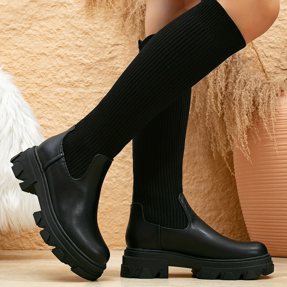 Luxury Style Ladies Women's Over-the-Knee Boots Stretchy Knitted Fabric Thigh High with Round Toe Winter Season