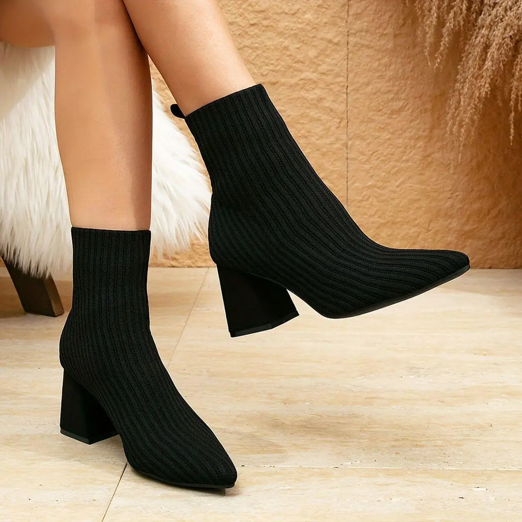 New Brown Pointed Thick Heel Women's Sock Boots Trendy Spicy Girl Elastic Knitted Ankle Boots