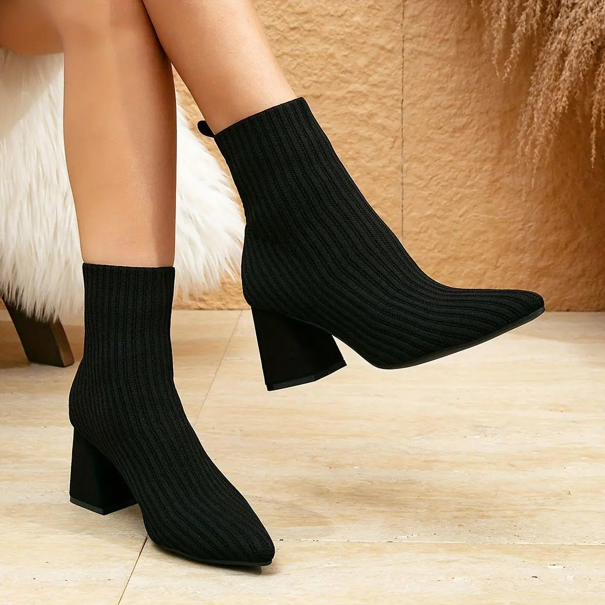 New Brown Pointed Thick Heel Women's Sock Boots Trendy Spicy Girl Elastic Knitted Ankle Boots