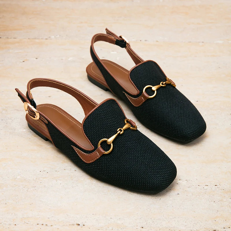 Women Linen Fabric Slingback Loafers Square Toe Flat Shoes Horsebit Light Weight Breathable Fashion Trend Casual Shoes for All