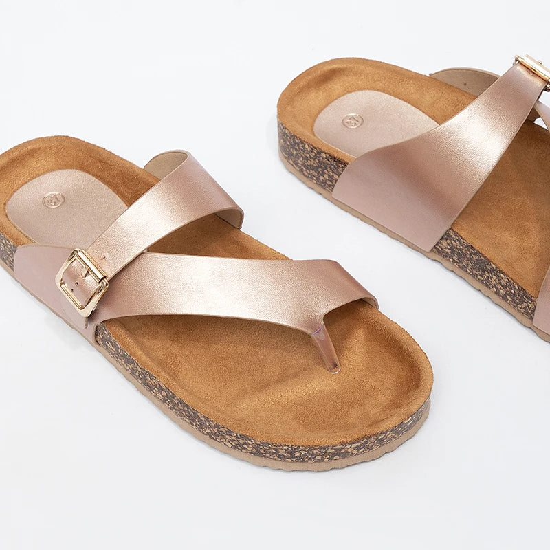 Hot Selling Women's Cork Sandals, Adjustable Strap Toe Ring Slides, Non-Slip Casual Slippers for Outdoor