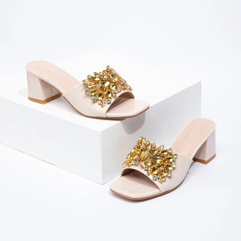 Fashion Trendy Rhinestone Square Toe High-heeled Sandals Spring/Summer Women's Shoes with PU Upper Thick Heel