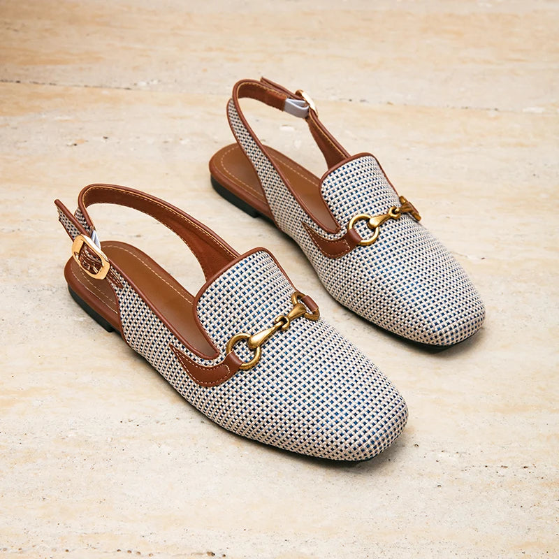 Elegant Women Square Toe Slingback Loafers, Metal Buckle Flat Casual Shoes, Breathable Fabric Daily Wear Sandals