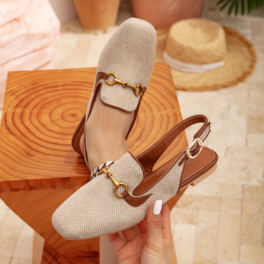 Women Linen Fabric Slingback Loafers Square Toe Flat Shoes Horsebit Light Weight Breathable Fashion Trend Casual Shoes for All