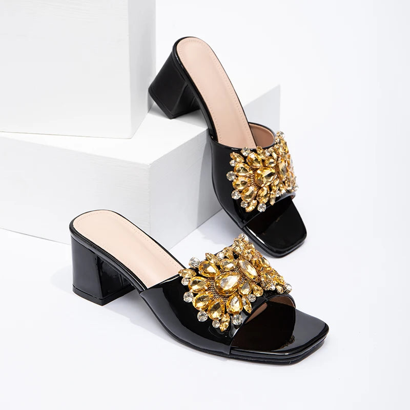 Fashion Trendy Rhinestone Square Toe High-heeled Sandals Spring/Summer Women's Shoes with PU Upper Thick Heel