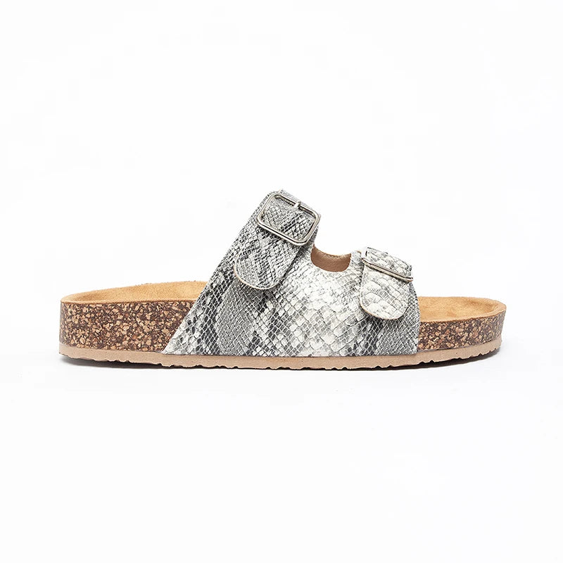 Adjustable Double Buckle Cork Sandals, Womens Snake Print Open Toe Flat Slides, Non-Slip Summer Beach Slippers Indoor Outdoor