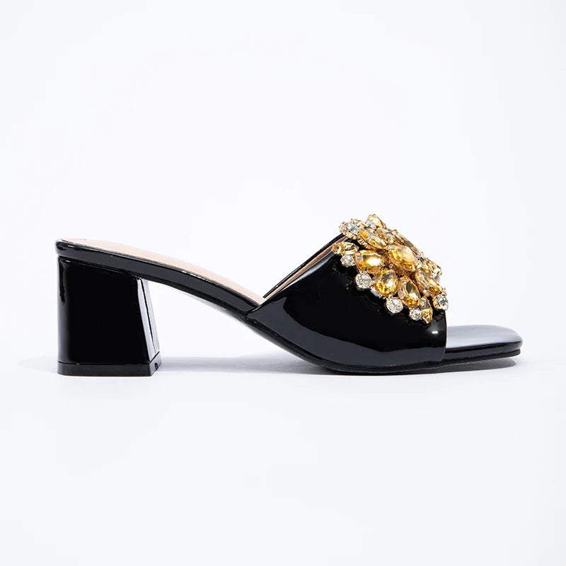 Fashion Trendy Rhinestone Square Toe High-heeled Sandals Spring/Summer Women's Shoes with PU Upper Thick Heel