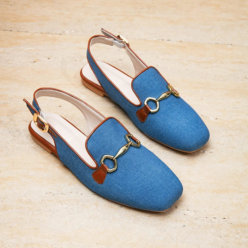 Elegant Women Square Toe Slingback Loafers, Metal Buckle Flat Casual Shoes, Breathable Fabric Daily Wear Sandals