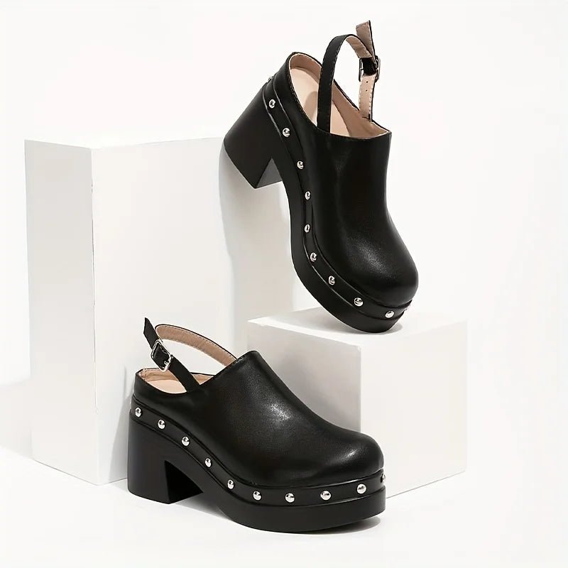 Sandals Women's Thick Heel New Anti slip Ladies' Middle High Heels Fashion Black Rivet Women's Height Increasing Sandals