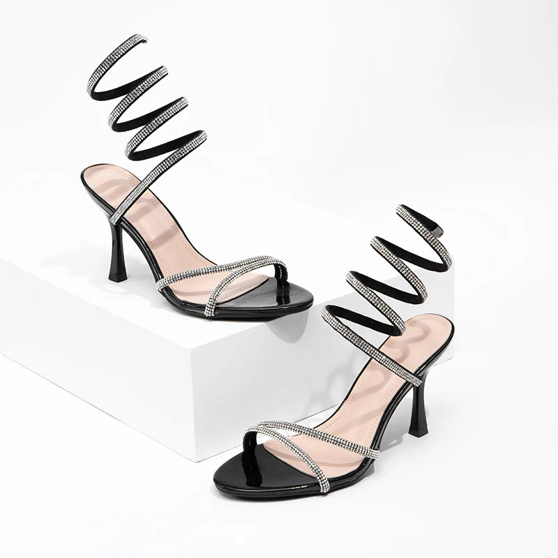 Sexy Black High Heels Serpentine Wrapped Water Diamond Sandals Fashion Party Women's High Heels