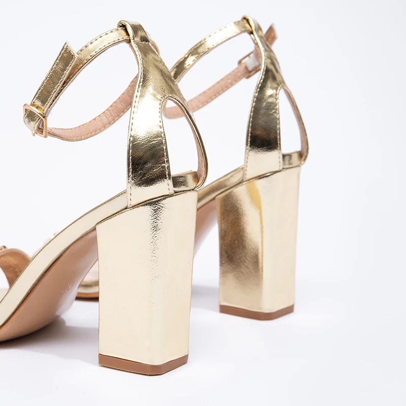 Gold High Heels Women's Sandals Fashion Comfortable Open Toe Square Head Thick Shoes for Women