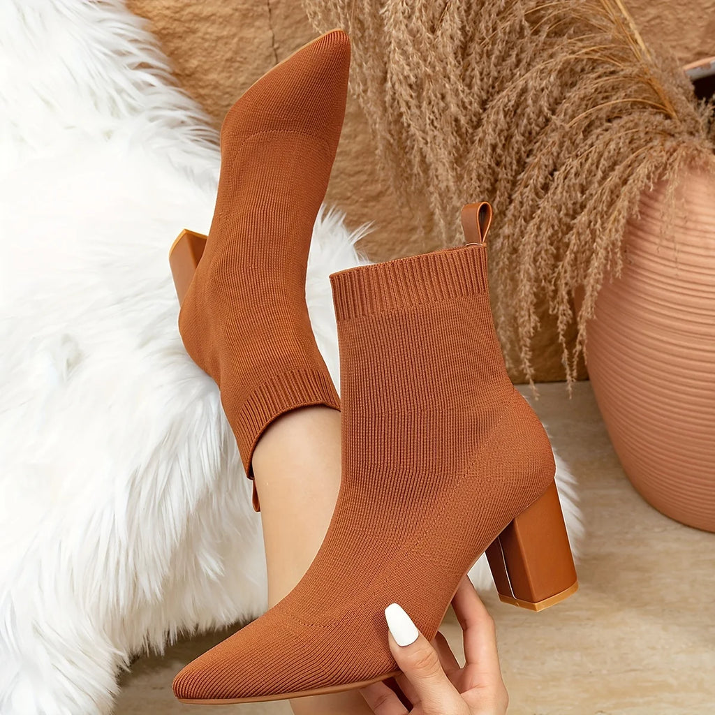 Custom Boots Manufacturer Black Fly Woven Breathable Block High Heel Pointed Toe Ankle Booties Rope Slip on Ankle Boots Women