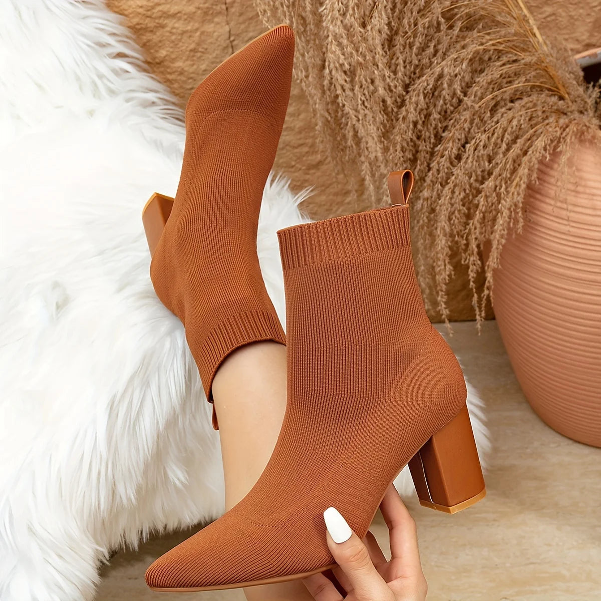 Custom Boots Manufacturer Black Fly Woven Breathable Block High Heel Pointed Toe Ankle Booties Rope Slip on Ankle Boots Women