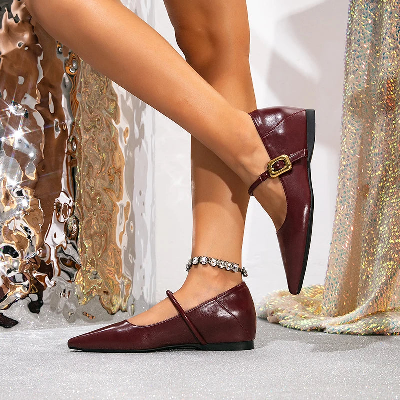 Lady Pointed Mary Jane PU Flat Shoes, with Insole Heel, Wine Red Leather, Suitable for Both Office and Casual Wear.