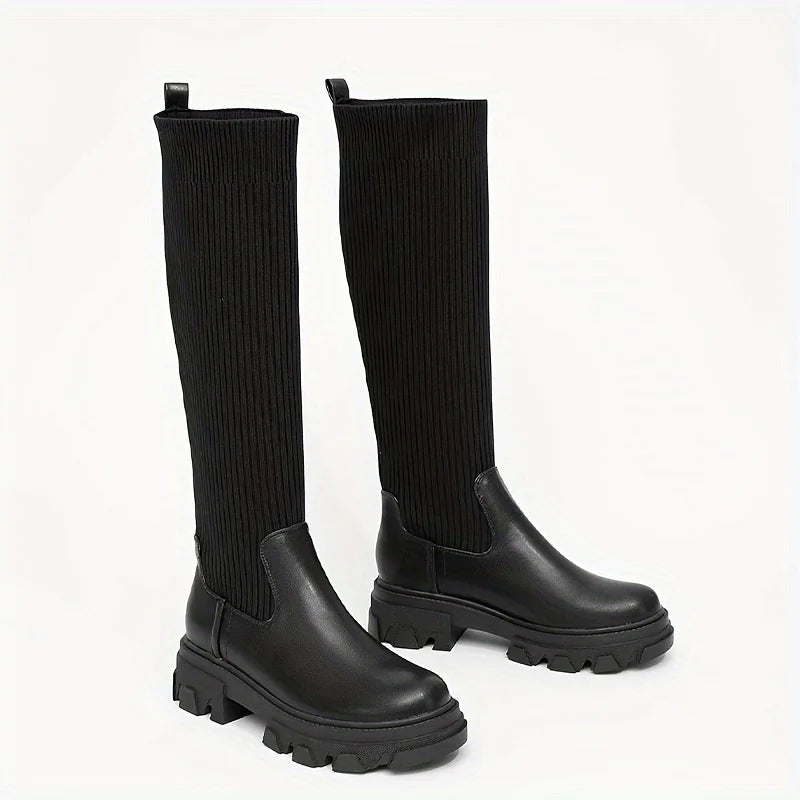 Luxury Style Ladies Women's Over-the-Knee Boots Stretchy Knitted Fabric Thigh High with Round Toe Winter Season