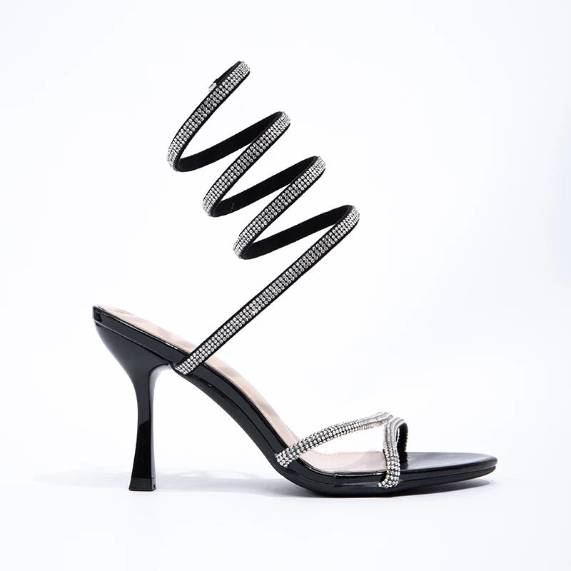 Sexy Black High Heels Serpentine Wrapped Water Diamond Sandals Fashion Party Women's High Heels