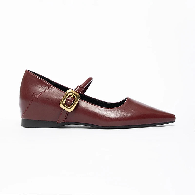 Lady Pointed Mary Jane PU Flat Shoes, with Insole Heel, Wine Red Leather, Suitable for Both Office and Casual Wear.