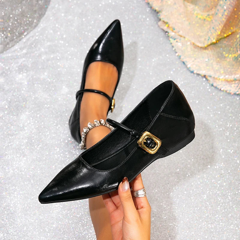 Elegant Burgundy PU Leather Mary Jane Flats, Hidden Insole Height Increase, Pointed Toe Comfort Work Shoes for Ladies