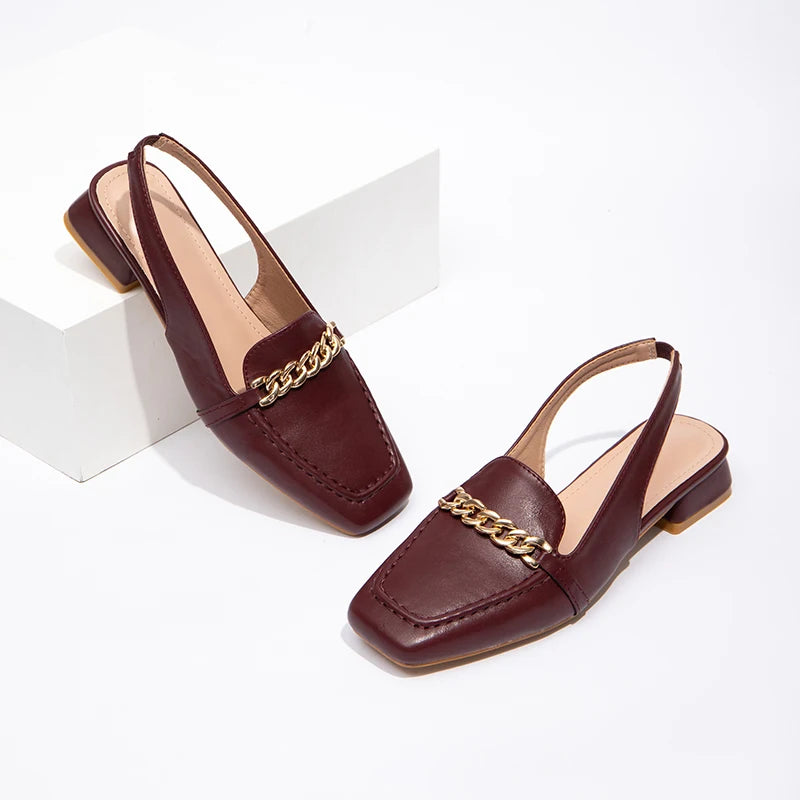 Women's New Thick Heel Sheepskin Flat Dress Shoes With Square Toe Slip-on Closure Casual Sandals for Summer and Autumn