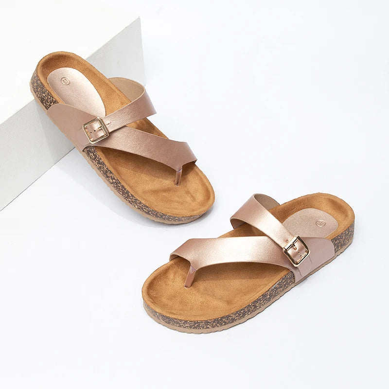 Hot Selling Women's Cork Sandals, Adjustable Strap Toe Ring Slides, Non-Slip Casual Slippers for Outdoor
