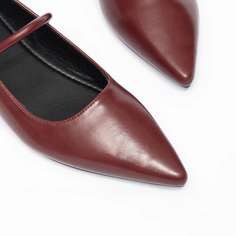 Lady Pointed Mary Jane PU Flat Shoes, with Insole Heel, Wine Red Leather, Suitable for Both Office and Casual Wear.