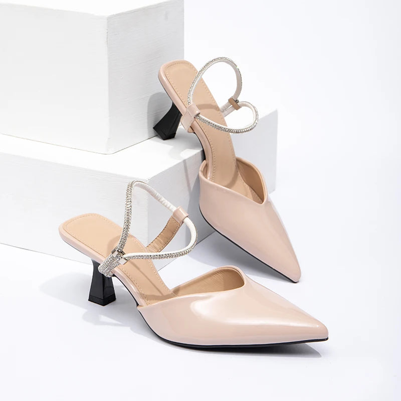 Closed Toe Stiletto High Heels for Women Spring Summer New Backless Rhinestone Elegant Pointed Open Ladies Shoes