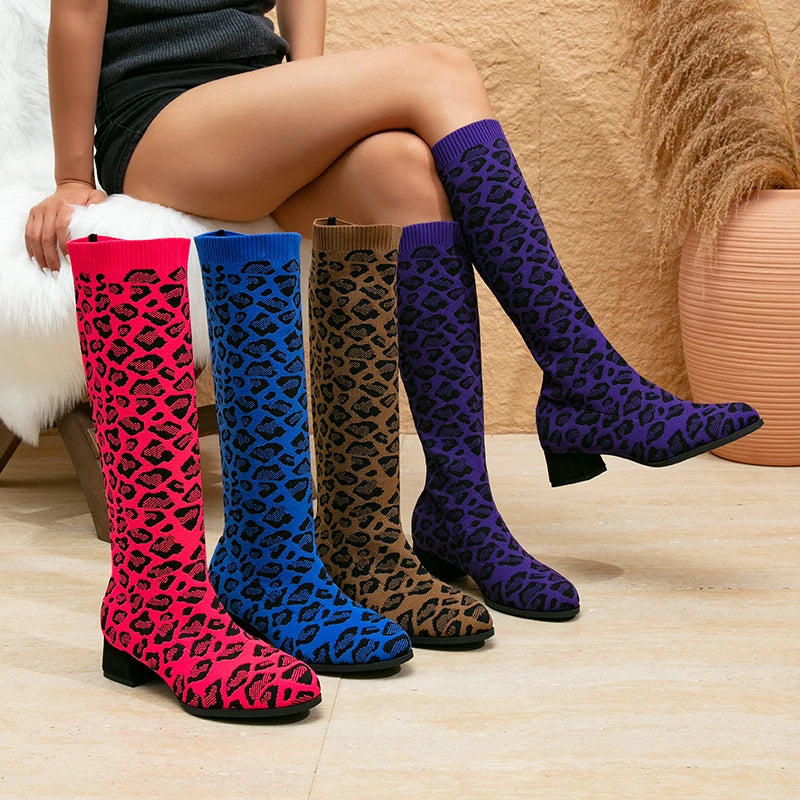 Blue Red Khaki Sexy Leopard Print Women's Boots, Comfortable and Warm Boots Hight Made by the Original Factory
