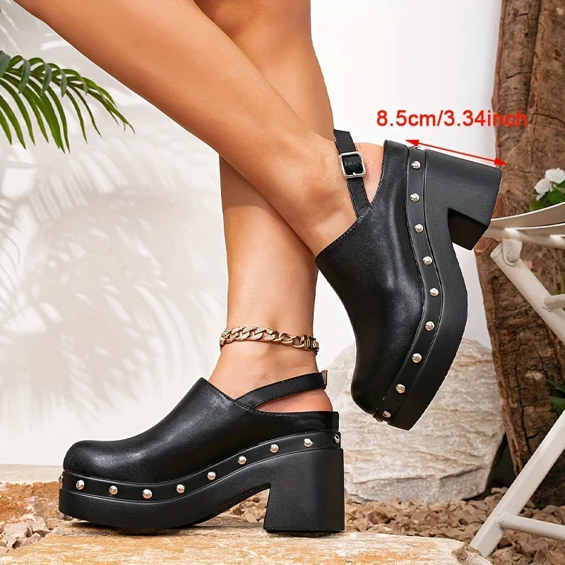 Sandals Women's Thick Heel New Anti slip Ladies' Middle High Heels Fashion Black Rivet Women's Height Increasing Sandals