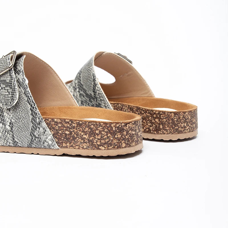 Adjustable Double Buckle Cork Sandals, Womens Snake Print Open Toe Flat Slides, Non-Slip Summer Beach Slippers Indoor Outdoor