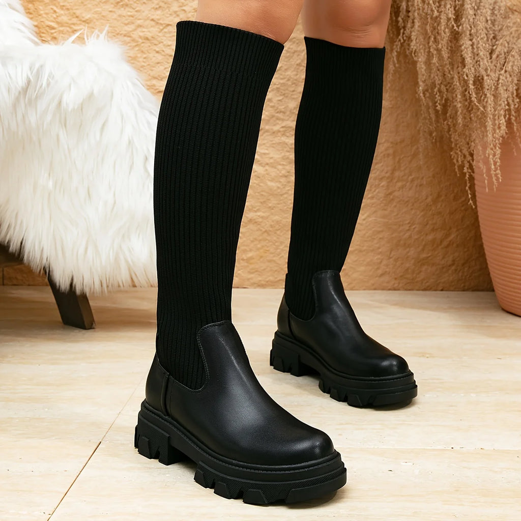 Luxury Style Ladies Women's Over-the-Knee Boots Stretchy Knitted Fabric Thigh High with Round Toe Winter Season