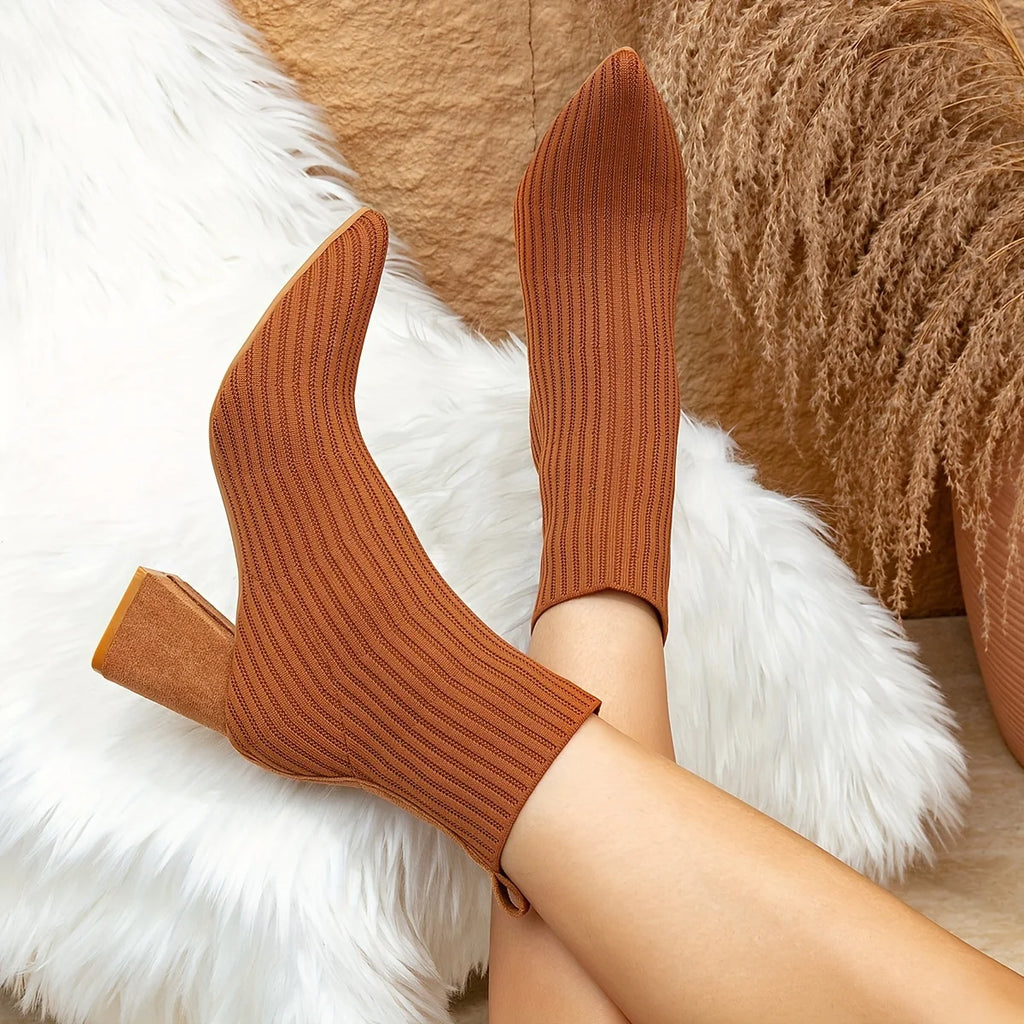 New Brown Pointed Thick Heel Women's Sock Boots Trendy Spicy Girl Elastic Knitted Ankle Boots