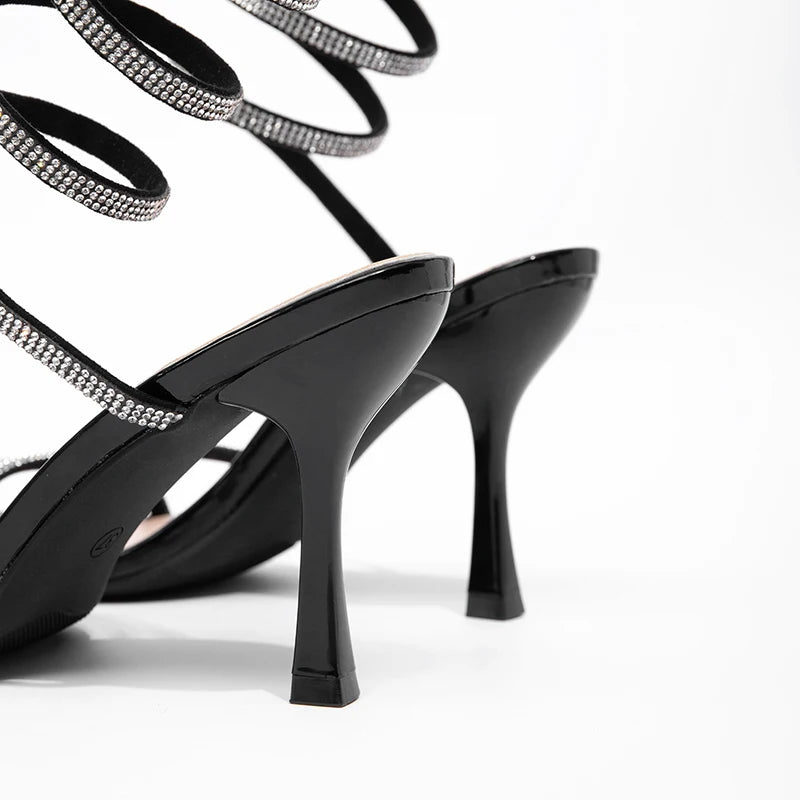 Sexy Black High Heels Serpentine Wrapped Water Diamond Sandals Fashion Party Women's High Heels