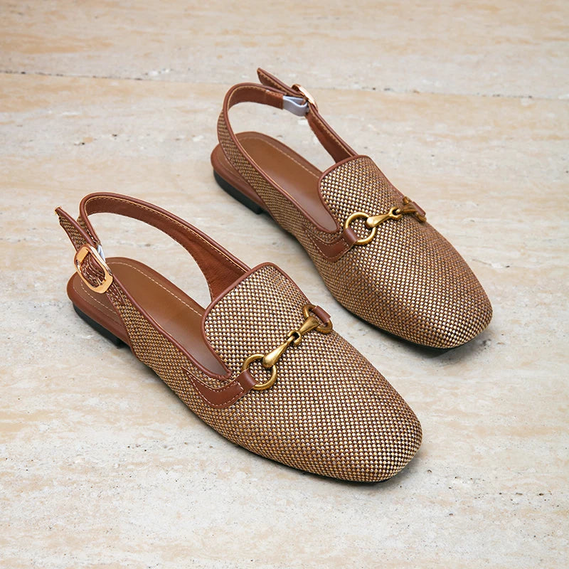 Elegant Women Square Toe Slingback Loafers, Metal Buckle Flat Casual Shoes, Breathable Fabric Daily Wear Sandals