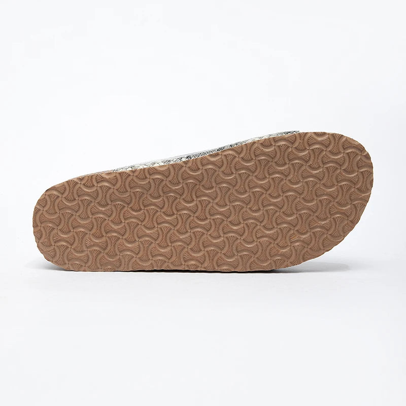 Adjustable Double Buckle Cork Sandals, Womens Snake Print Open Toe Flat Slides, Non-Slip Summer Beach Slippers Indoor Outdoor