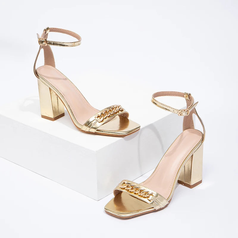 Gold High Heels Women's Sandals Fashion Comfortable Open Toe Square Head Thick Shoes for Women