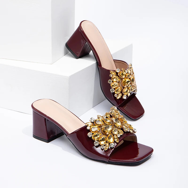 Fashion Trendy Rhinestone Square Toe High-heeled Sandals Spring/Summer Women's Shoes with PU Upper Thick Heel