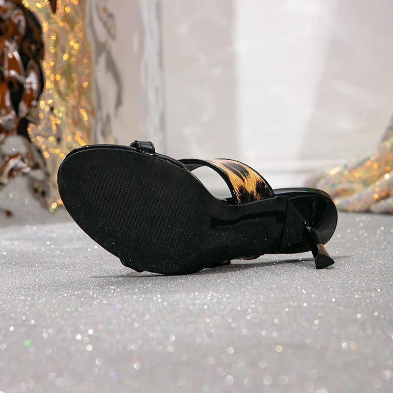 Women's Fashion Leopard Print Rhinestone Buckle Stiletto Sandals Perfect for Party & Evening Wear