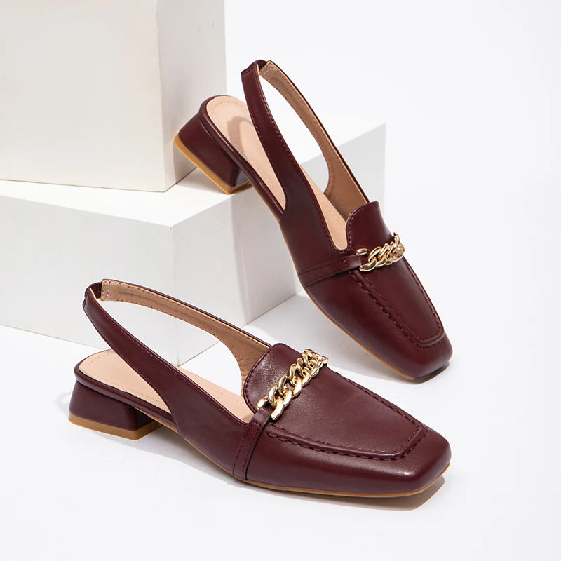 Women's New Thick Heel Sheepskin Flat Dress Shoes With Square Toe Slip-on Closure Casual Sandals for Summer and Autumn