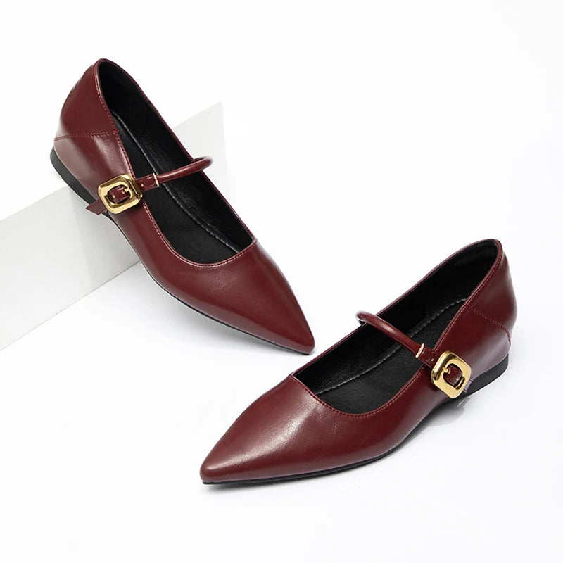 Lady Pointed Mary Jane PU Flat Shoes, with Insole Heel, Wine Red Leather, Suitable for Both Office and Casual Wear.